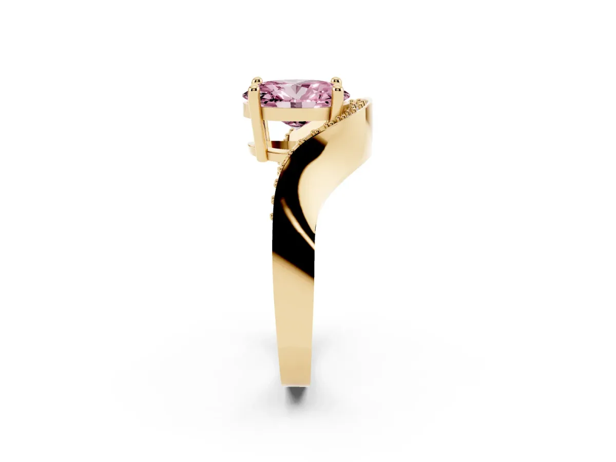 Fancy Pink Oval Cut Solitaire Diamond Engagement Ring with Pave Band and Four-Prong Setting Yellow gold