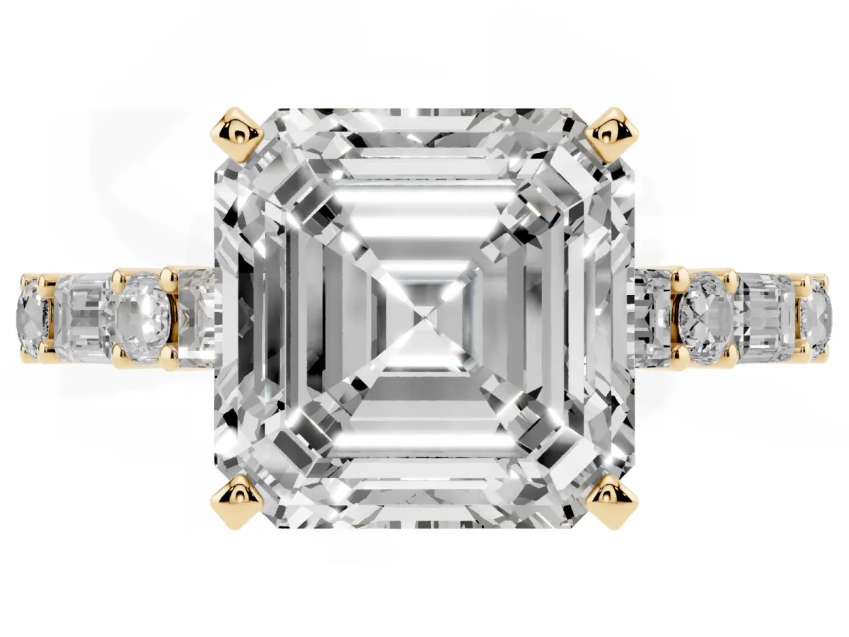 Asscher Cut Diamond Solitaire with Side Baguettes and Channel Set Band Yellow gold