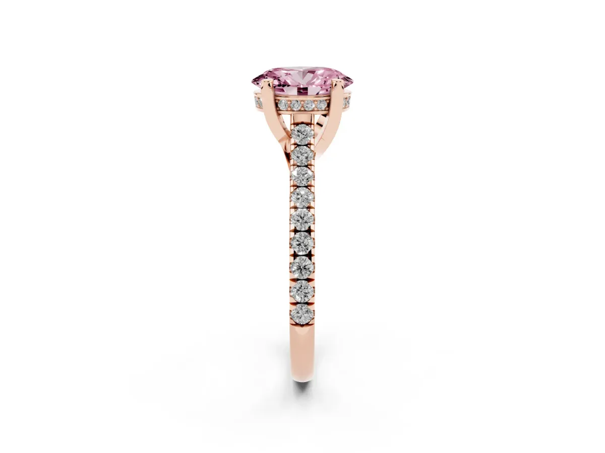 Fancy Pink Oval Cut Brilliant Diamond Solitaire with Pavé Band and Four-Prong Setting Rose gold