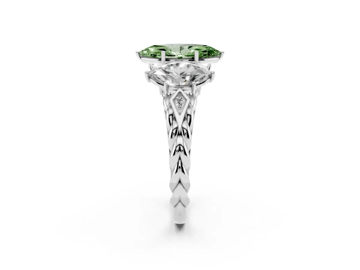 Fancy Green Three-Stone Marquise Cut Diamond Braided Band Ring with Four-Prong Setting Silver
