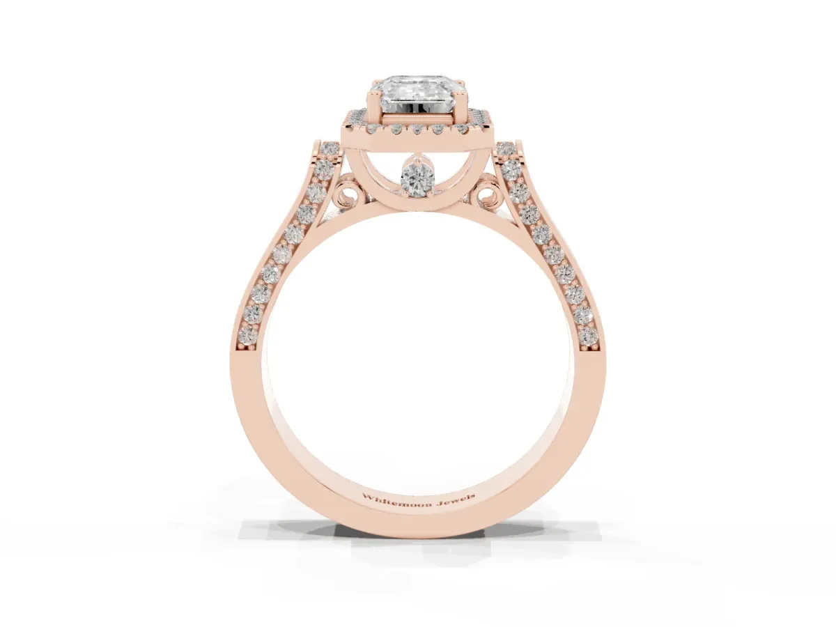 Emerald Cut Halo Round Diamond Twist Band with Four-Prong Setting Rose gold