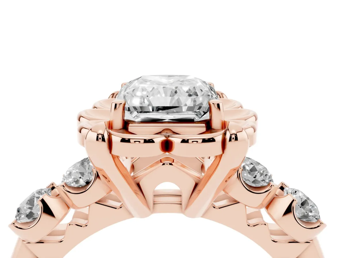 Radiant Cut Cut Diamond Floral Halo Engagement Ring with Shared Prong Setting Rose gold