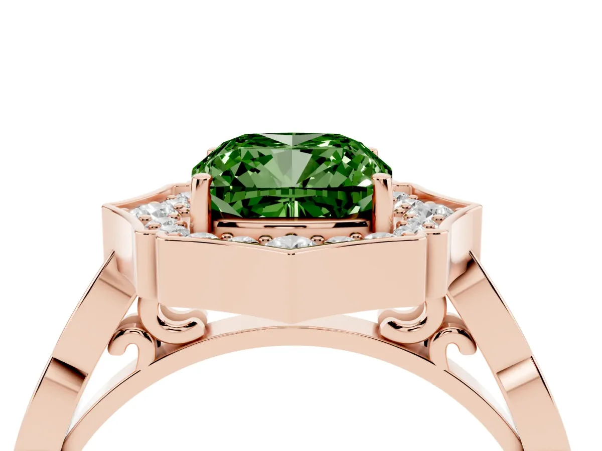 Fancy Green Cushion Cut Halo Diamond Engagement Ring with Milgrain Band and Four-Prong Setting Rose gold