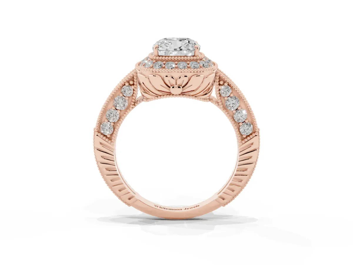 Cushion Cut Halo Diamond Split Shank Ring with Milgrain Detail Rose gold