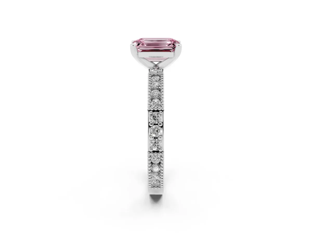Fancy Pink Emerald Cut Solitaire with Pavé Band and Four-Prong Setting Silver
