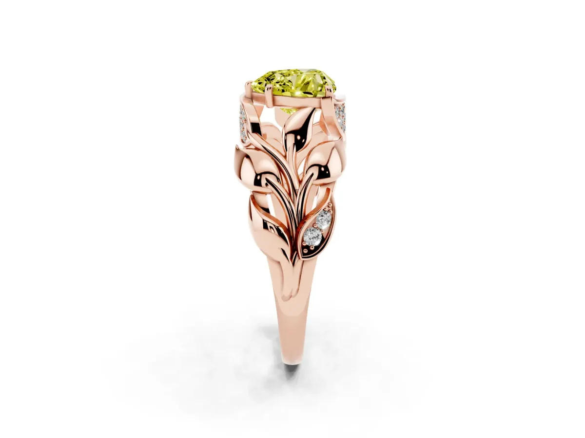 Fancy Yellow Heart Cut Diamond Leaf-Inspired Engagement Ring with Round Accents and Prong Setting Rose gold