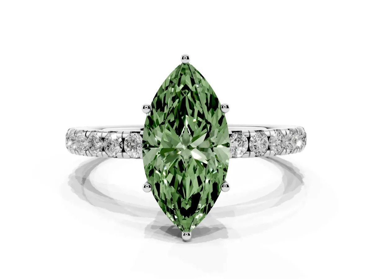 Fancy Green Marquise Cut Diamond Pavé Solitaire Engagement Ring with Four-Prong Setting Silver
