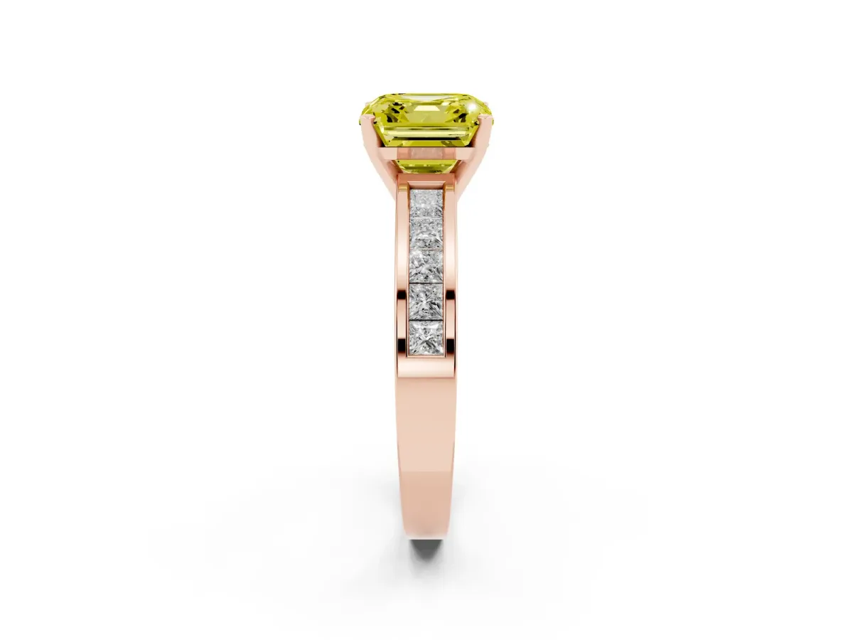 Fancy Yellow Asscher Cut Solitaire Diamond Ring with Channel-Set Band and Four-Prong Setting Rose gold