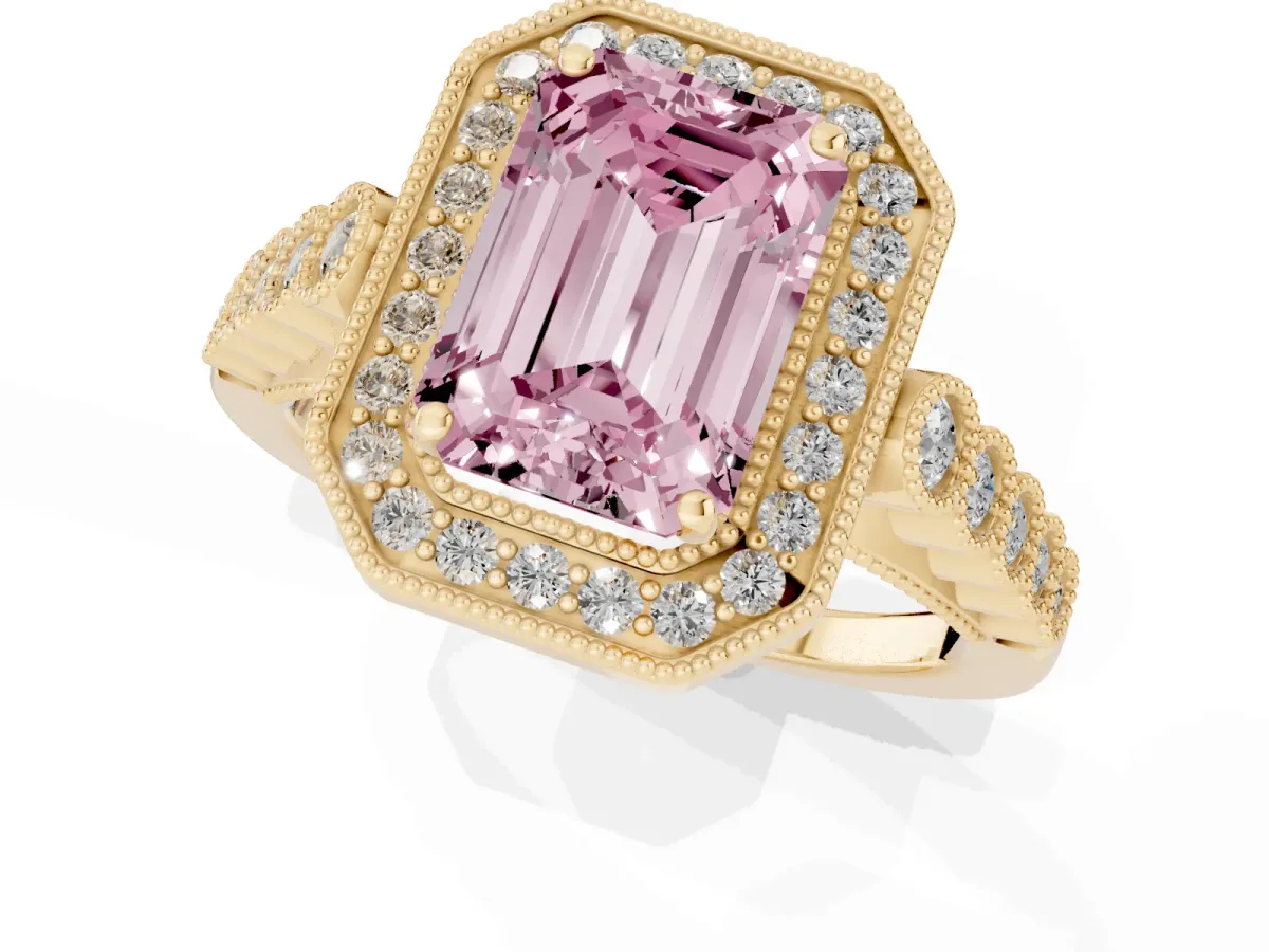 Fancy Pink Emerald Cut Halo Milgrain Solitaire with Bezel Set Side Stones and Pave Band Yellow gold