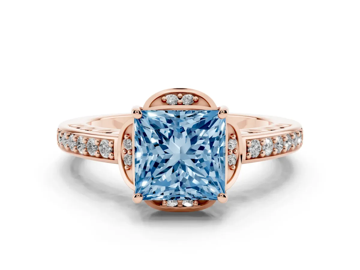 Fancy Blue Princess Cut Cut Halo Diamond Ring with Channel Set Band and Four-Prong Setting Rose gold