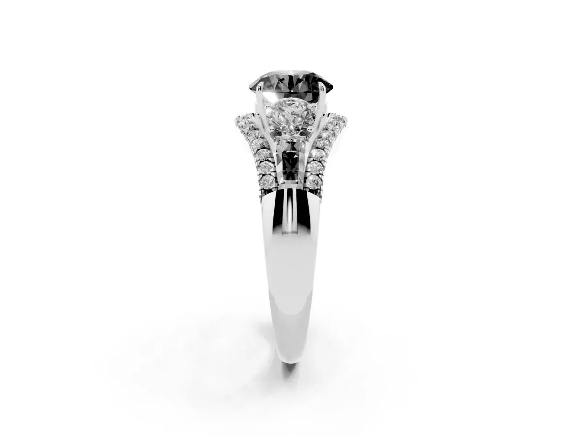 Fancy Black Three-Stone Round Cut Diamond Engagement Ring with Pave Band and Prong Setting Silver