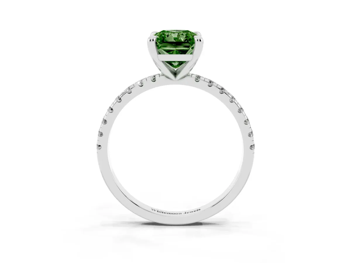 Fancy Green Radiant Cut Diamond Brilliant Solitaire Ring with Pavé Band and Four-Prong Setting Silver