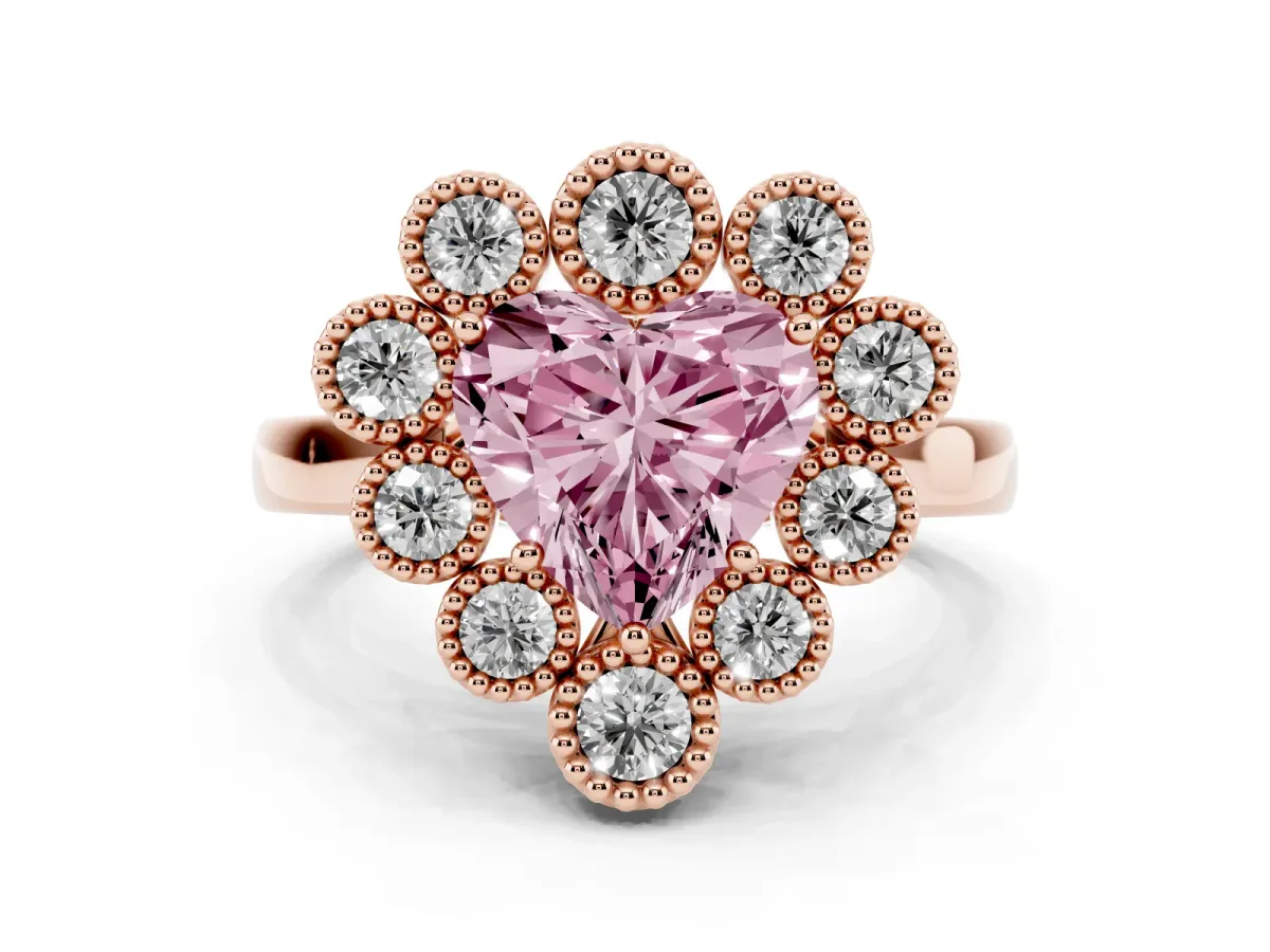 Fancy Pink Heart Cut Halo Diamond Cluster Engagement Ring with Milgrain Bezel Setting and Solitaire Band Rose gold