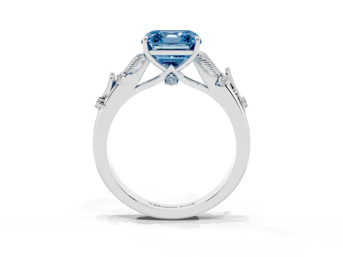 Fancy Blue Asscher Cut Diamond Solitaire Ring with Leaf Motif Band and Four-Prong Setting Silver