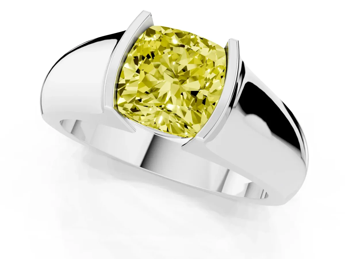 Fancy Yellow Cushion Cut Solitaire Bezel Set Diamond Ring with Wide Band Platinum