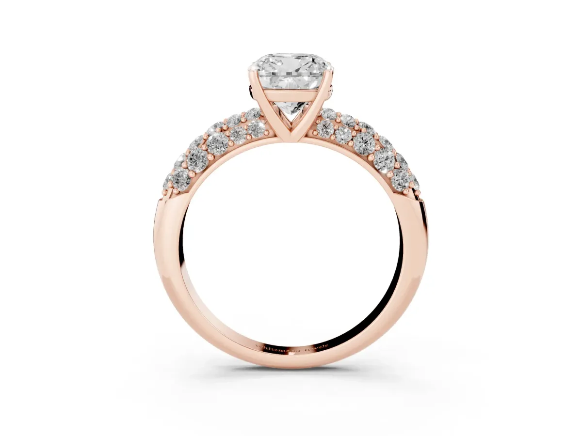 Cushion Cut Diamond Pavé Band Solitaire Ring with Four-Prong Setting Rose gold