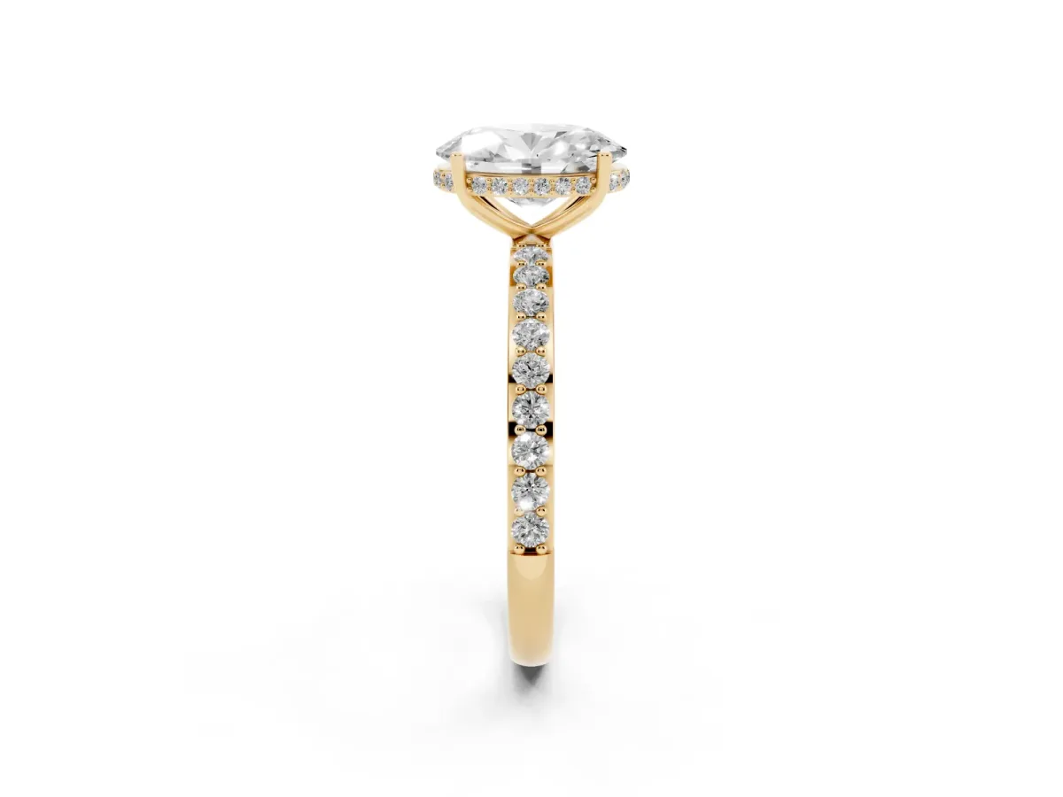 Oval Cut Diamond Solitaire Ring with Pavé Band and Hidden Halo Yellow gold