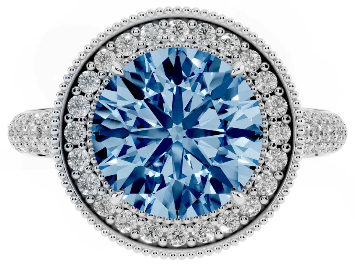 Fancy Blue Round Cut Cut Halo Diamond Pave Band with Four-Prong Setting White gold