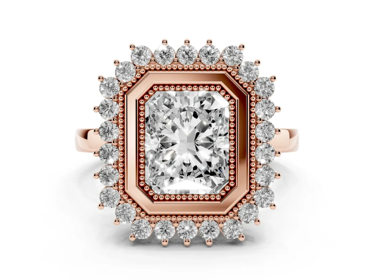 Radiant Cut Halo Diamond Ring with Milgrain Edge and Round Prong Setting Rose gold