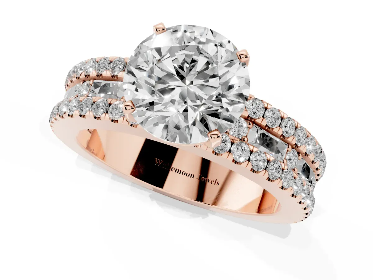Round Cut Diamond Solitaire Ring with Pavé and Channel Set Band Rose gold