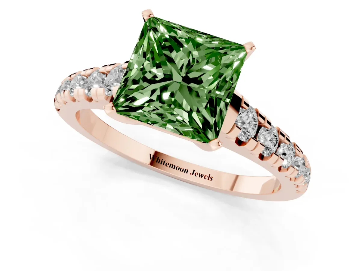 Fancy Green Princess Cut Diamond Cathedral Solitaire Ring with Round Pavé Band Rose gold