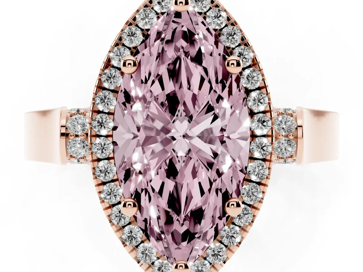 Fancy Pink Marquise Cut Halo Round Diamond Twist Band with Four-Prong Setting Rose gold