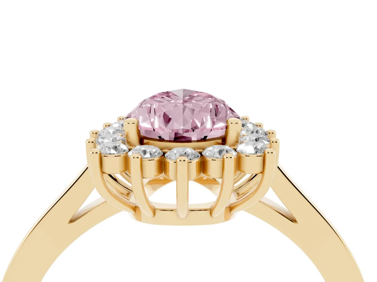 Fancy Pink Pear Cut Cut Diamond Halo Ring with Round Brilliant Halo and Solitaire Band Yellow gold