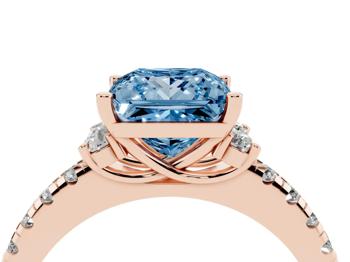 Fancy Blue Princess Cut Diamond Three-Stone Pave Band with Four-Prong Setting Rose gold