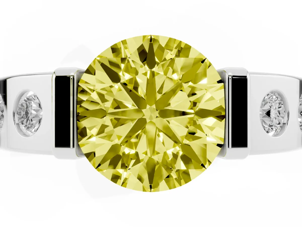Fancy Yellow Round Cut Brilliant Channel-Set Diamond Ring with Bezel Prong Setting Platinum