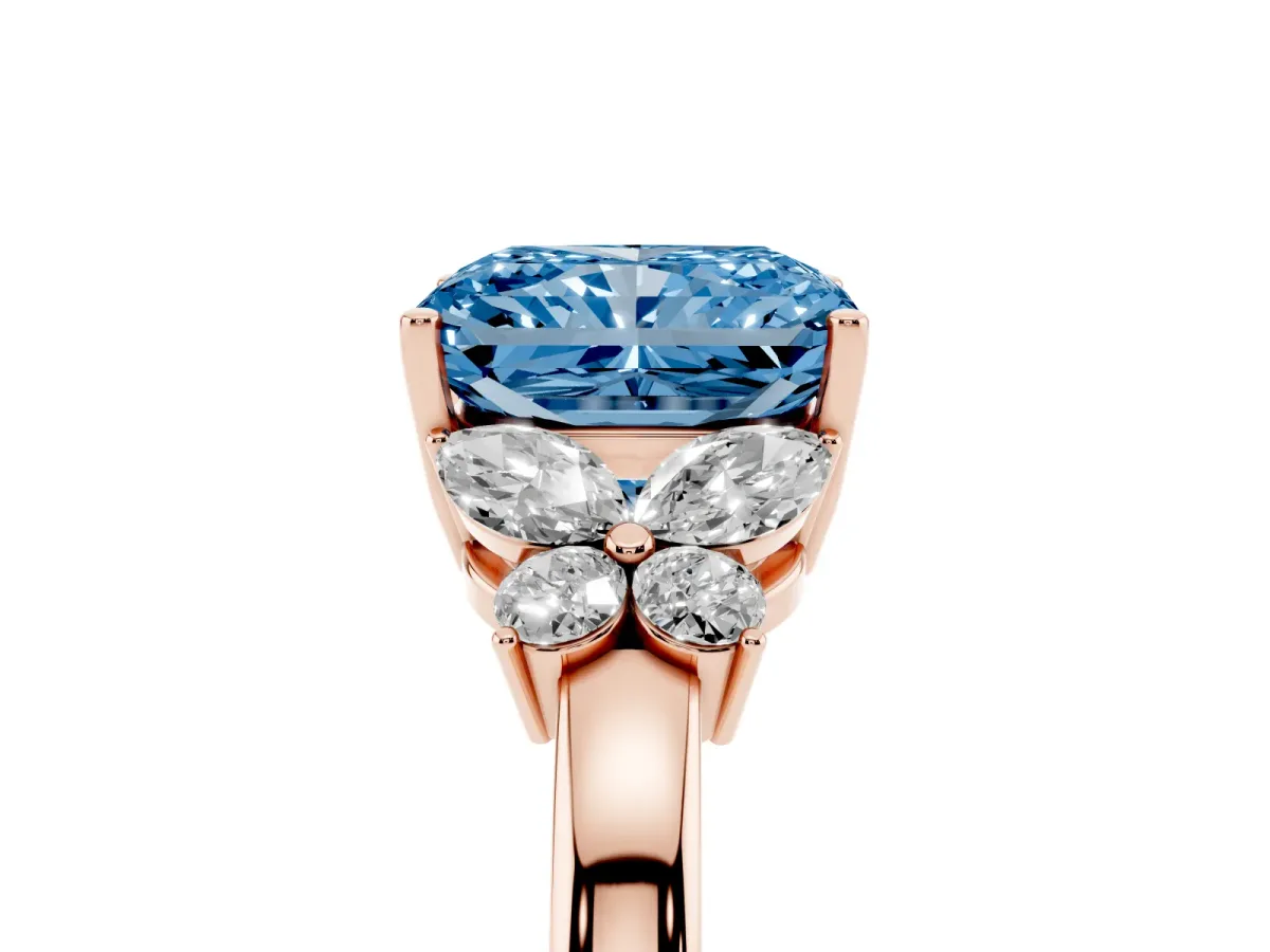 Fancy Blue Radiant Cut Cut Solitaire Floral Diamond Ring with Four-Prong Setting Rose gold