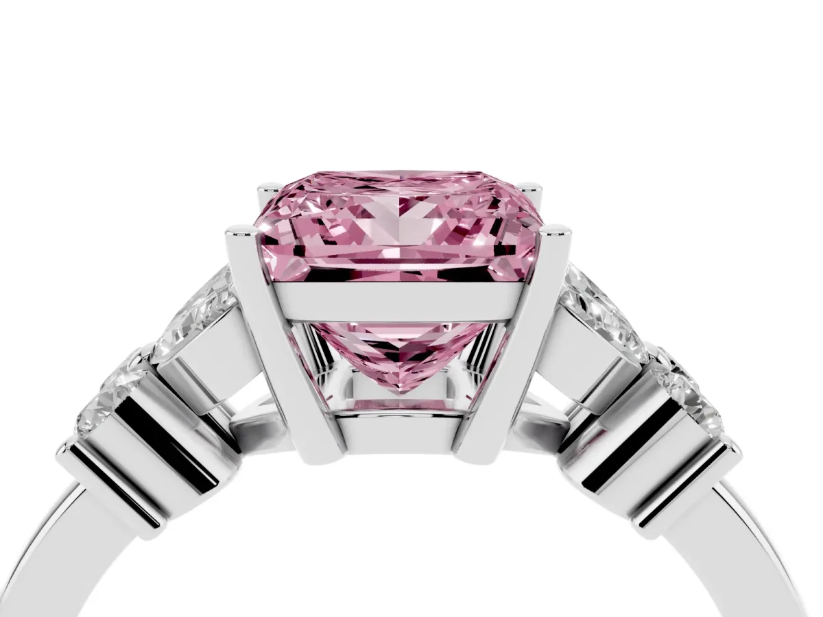 Fancy Pink Princess Cut Diamond Floral Cluster Ring with Solitaire Band and Prong Setting Platinum