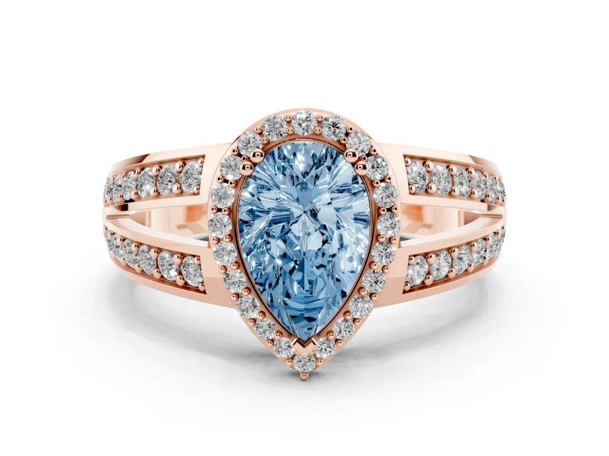 Fancy Blue Pear Cut Diamond Halo Ring with Split Shank Pavé Band and Four-Prong Setting Rose gold