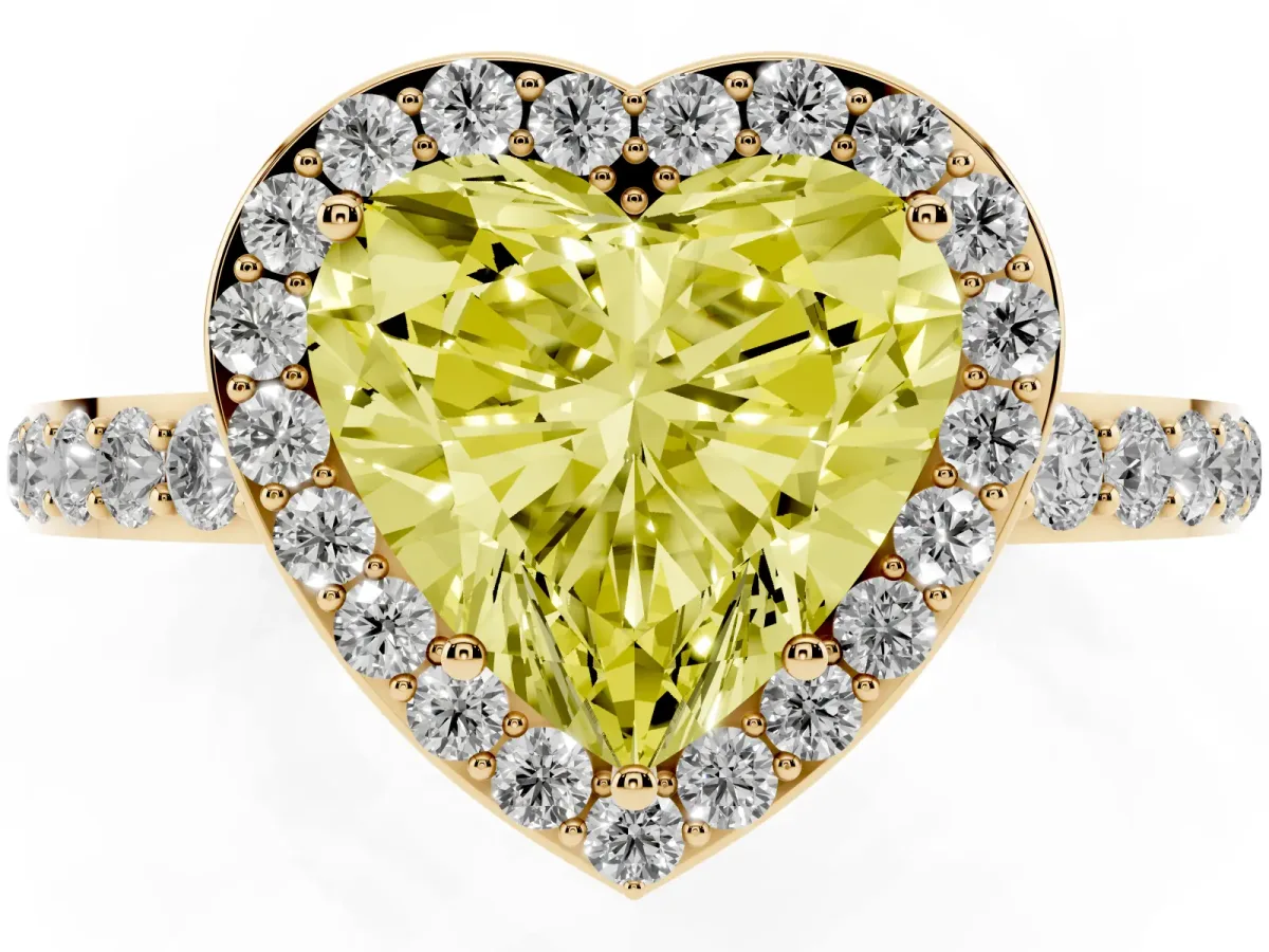 Fancy Yellow Heart Cut Halo Diamond Pavé Band Ring with Prong Setting Yellow gold