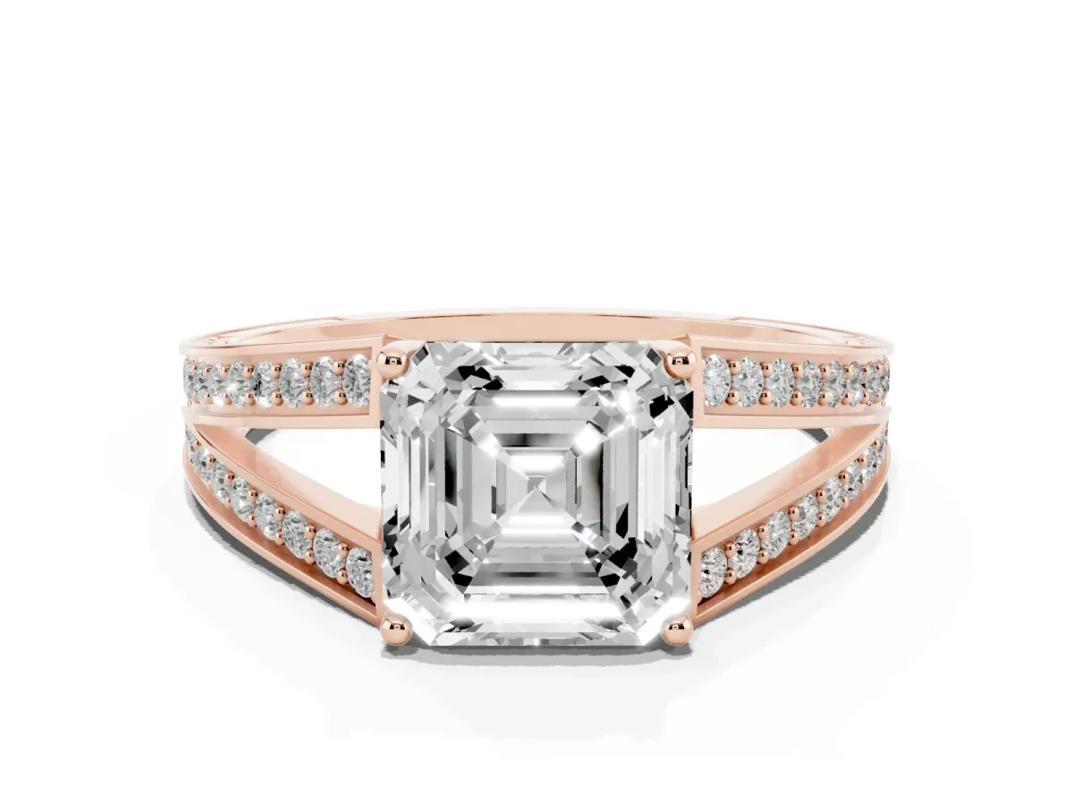 Asscher Cut Diamond Split Shank Ring with Pavé Band and Four-Prong Setting Rose gold