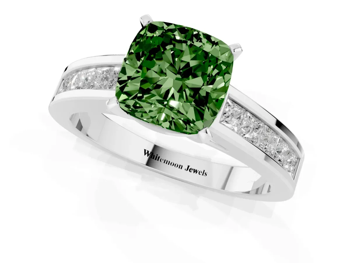 Fancy Green Cushion Cut Solitaire Diamond Ring with Channel-Set Band and Four-Prong Setting White gold