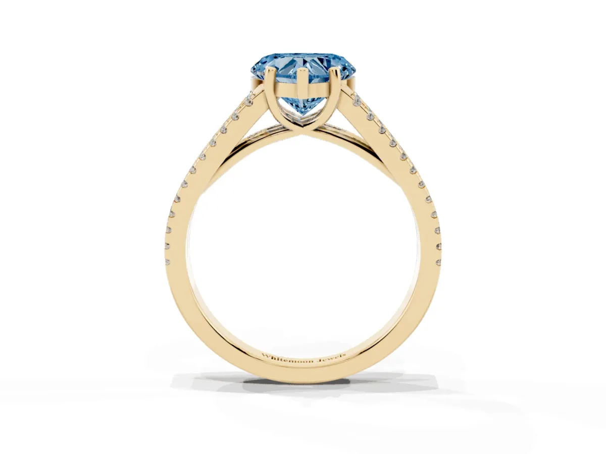 Fancy Blue Heart Cut Diamond Solitaire Engagement Ring with Split Shank Pavé Band Yellow gold
