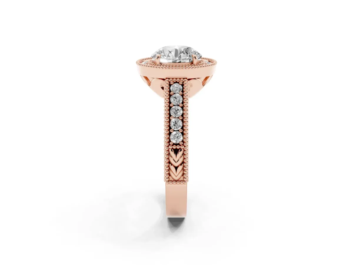 Round Cut Cut Halo Diamond Ring with Pavé Band and Four-Prong Setting Rose gold