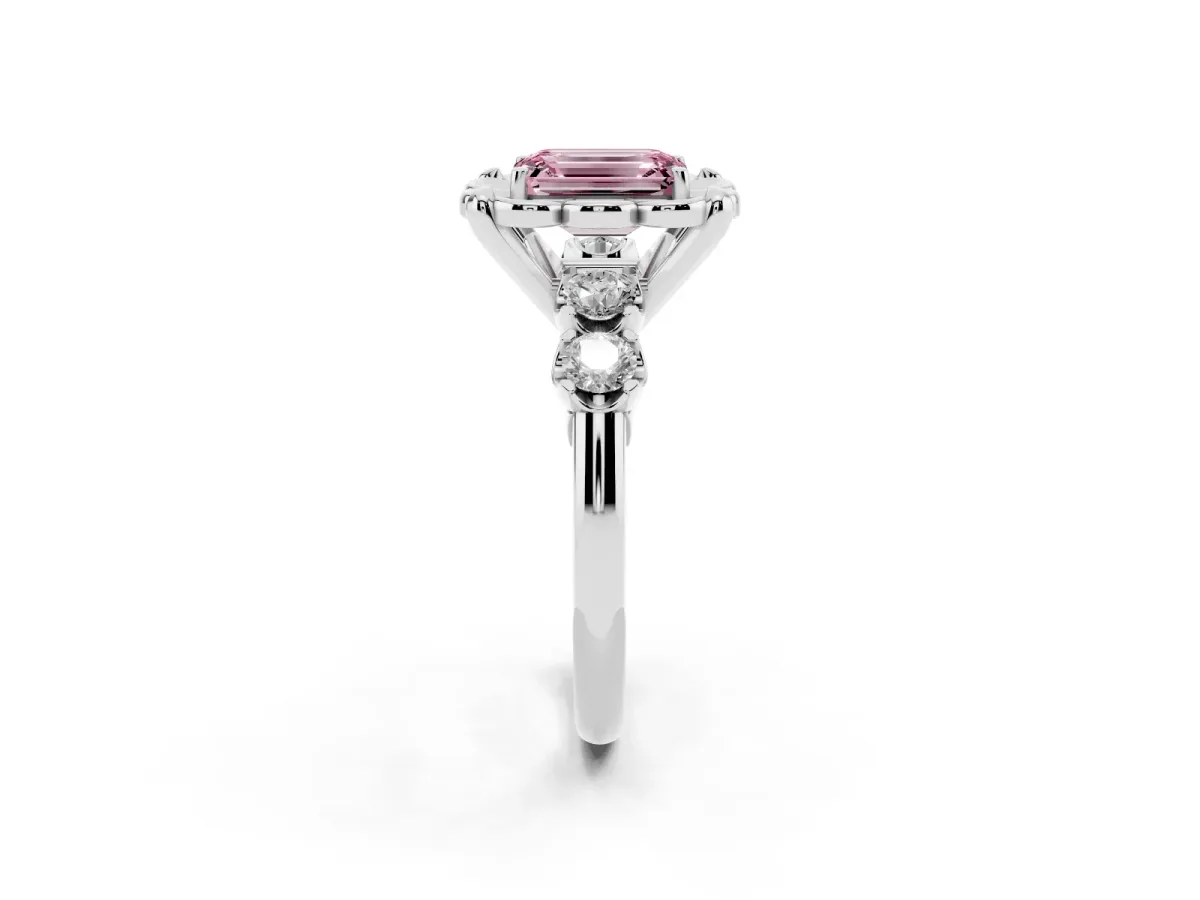 Fancy Pink Emerald Cut Cut Diamond Floral Halo Engagement Ring with Shared Prong Setting Silver