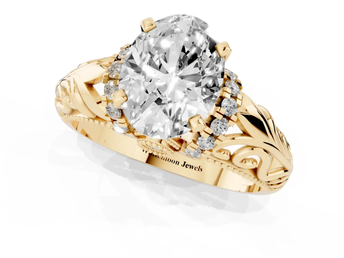 Oval Cut Solitaire Filigree Engagement Ring with Halo and Prong Setting Yellow gold