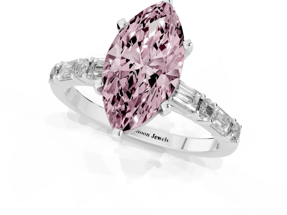 Fancy Pink Marquise Cut Diamond Solitaire with Side Baguettes and Channel Set Band Platinum