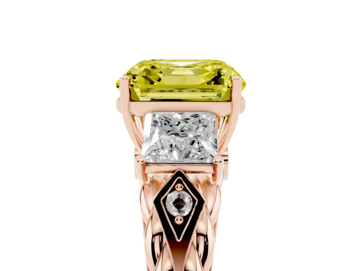 Fancy Yellow Three-Stone Asscher Cut Diamond Braided Band Ring with Four-Prong Setting Rose gold