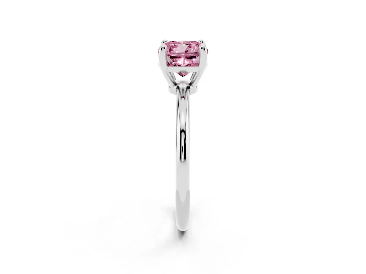 Fancy Pink Cushion Cut Solitaire Diamond Ring with 4-Prong Setting on a Classic Band Silver