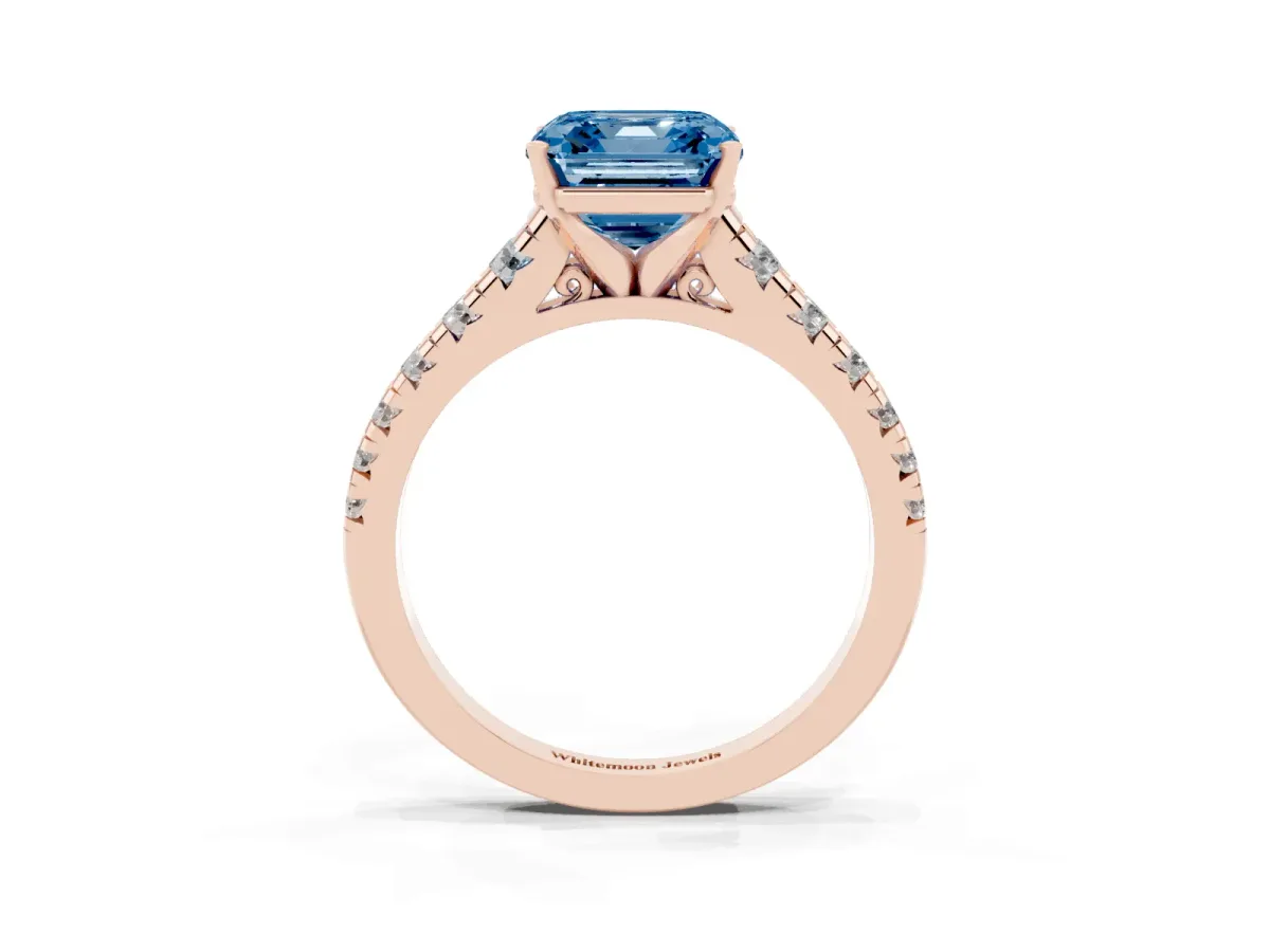 Fancy Blue Asscher Cut Diamond Cathedral Solitaire Ring with Round Pavé Band Rose gold