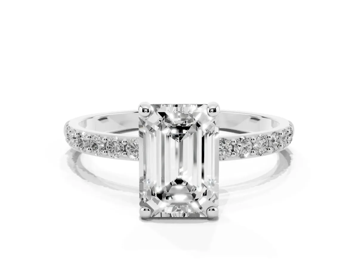 Emerald Cut Diamond Solitaire Ring with Round Pavé Band and Prong Setting Platinum