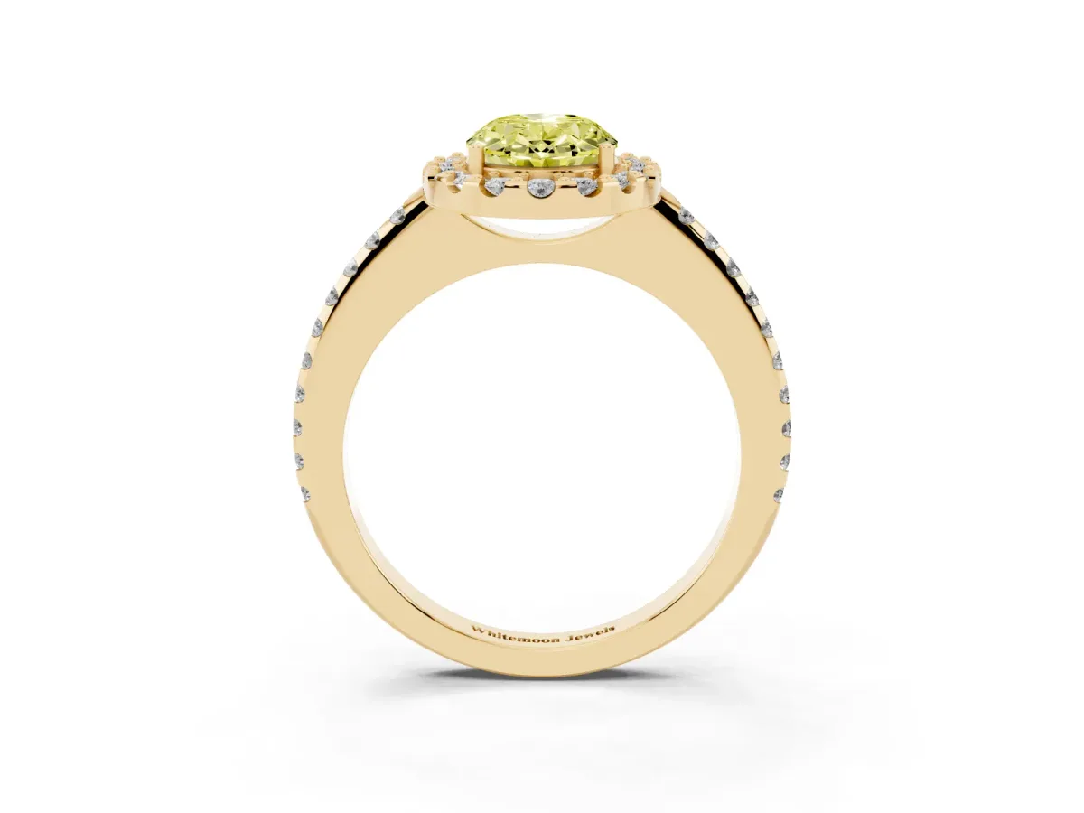 Fancy Yellow Oval Cut Diamond Pavé Halo Ring with Four-Prong Setting Yellow gold