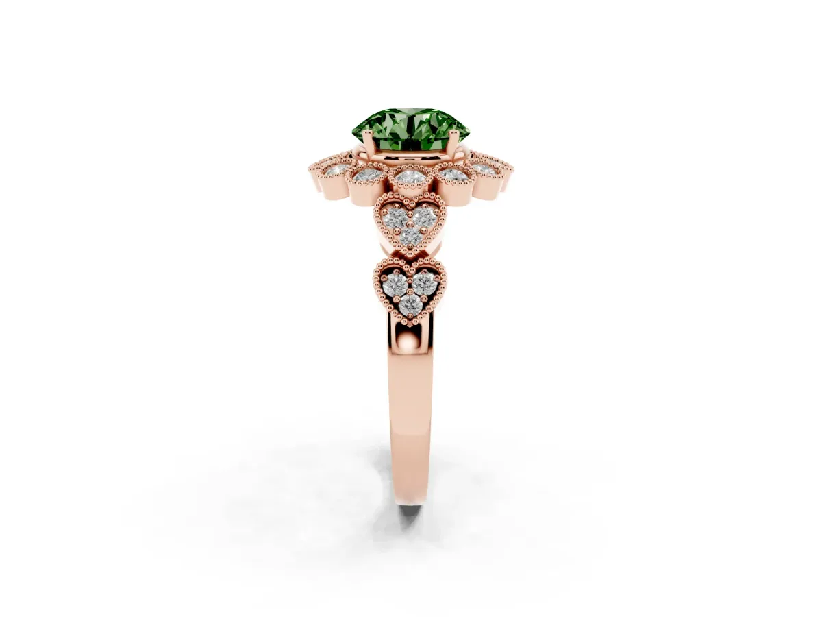 Fancy Green Round Cut Brilliant Milgrain Pave Heart Band Solitaire Ring Rose gold