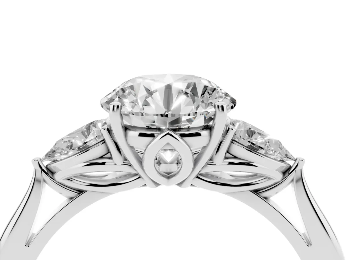 Three-Stone Round Cut Brilliant Diamond Solitaire Ring with Tapered Band and Four-Prong Setting Silver