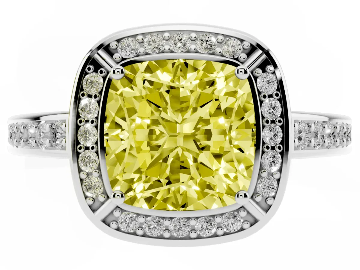 Fancy Yellow Cushion Cut Cut Halo Pave Split Shank Prong Setting Ring Platinum