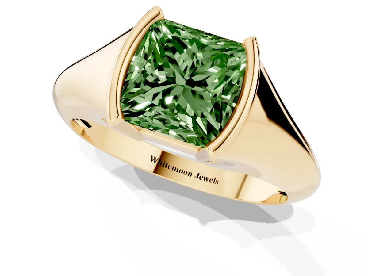 Fancy Green Princess Cut Solitaire Tension Set Diamond Ring Yellow gold