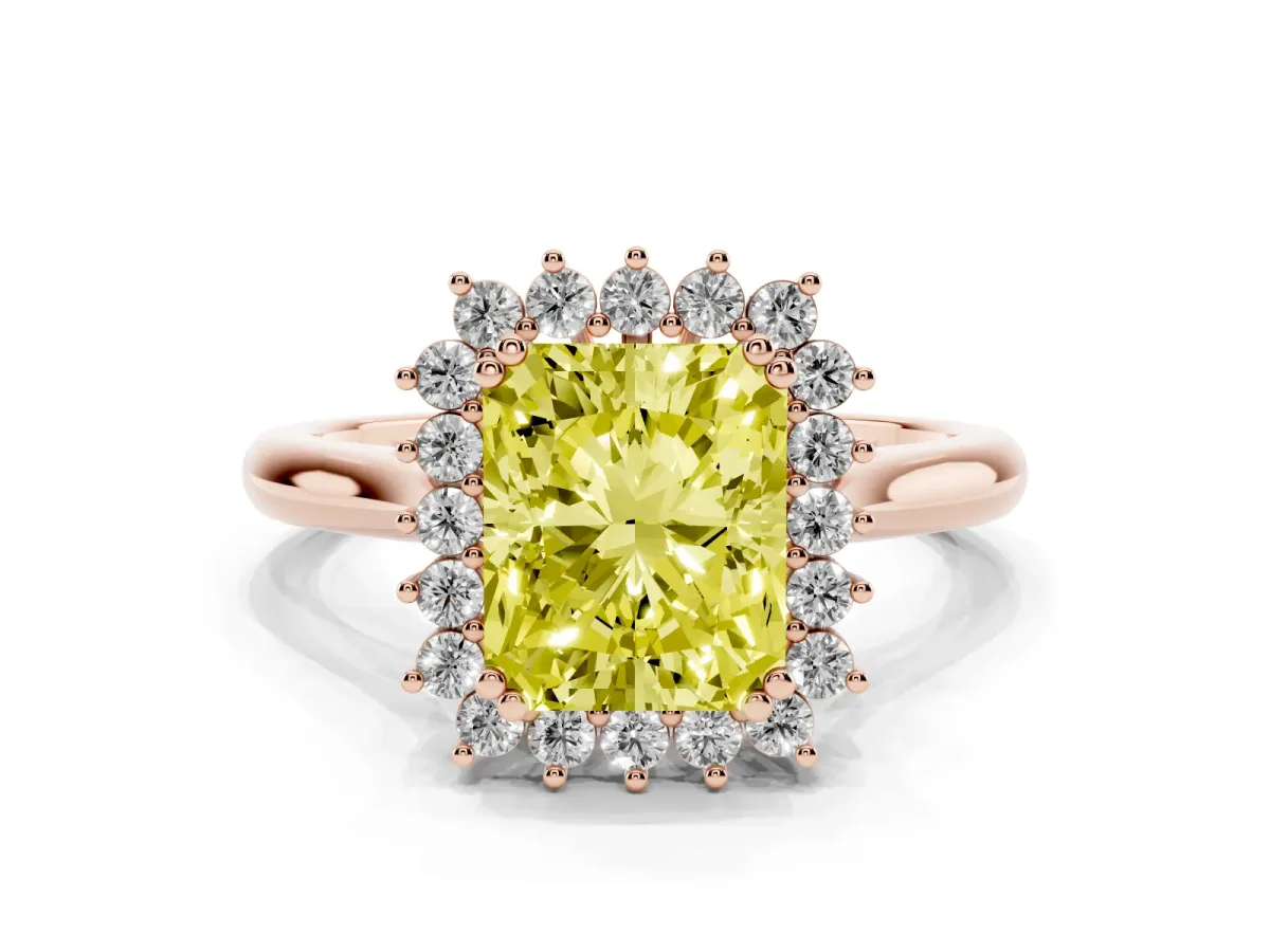 Fancy Yellow Radiant Cut Cut Diamond Halo Ring with Solitaire Band and Prong Setting Rose gold